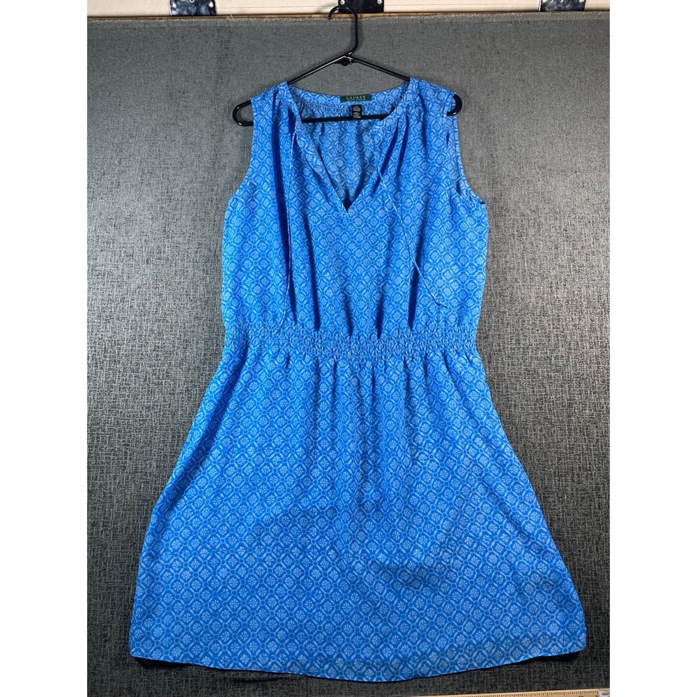 Lauren Ralph Lauren Blue Geometric Print Smocked Waist V-Neck Dress Womens 14